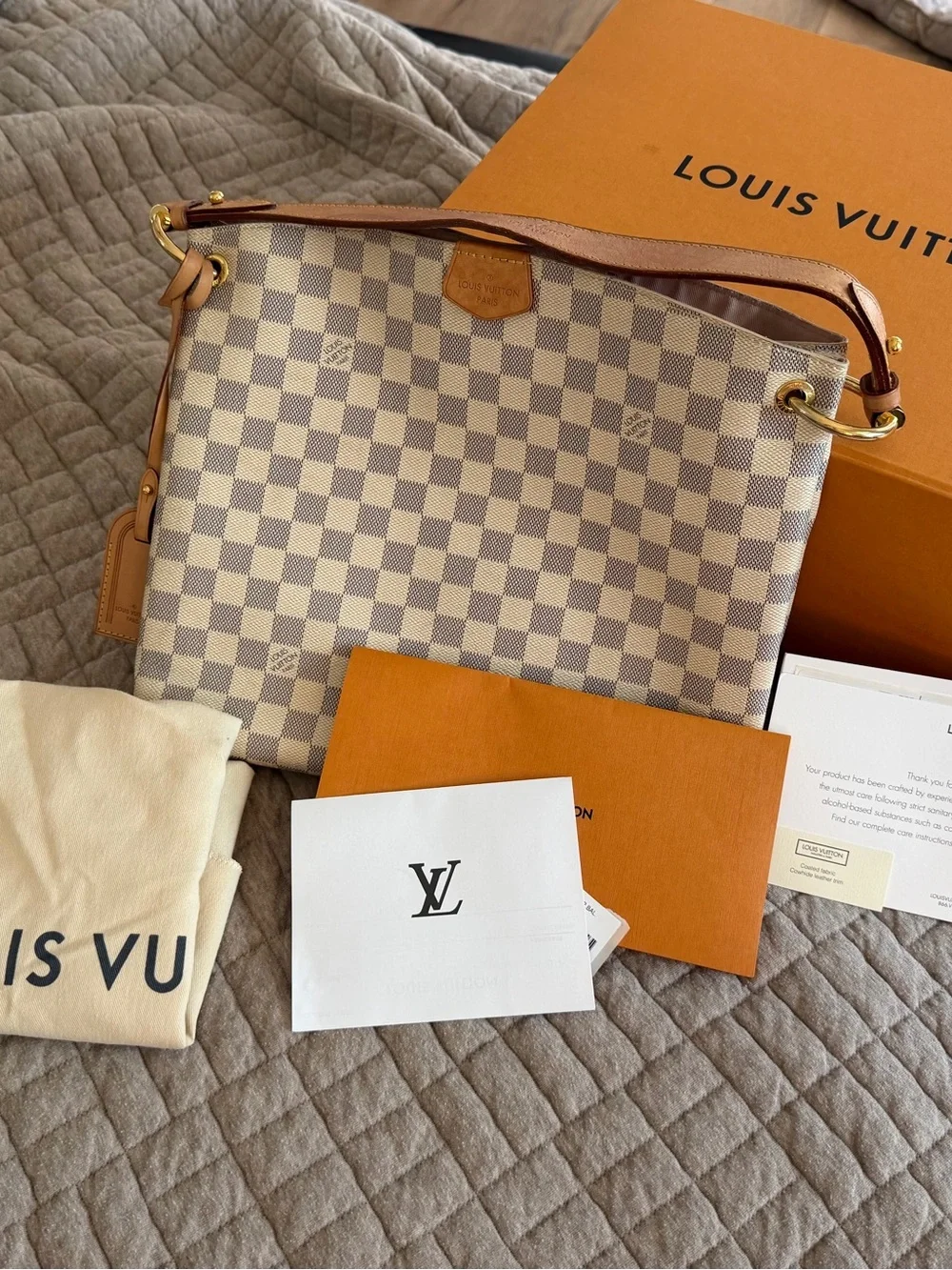 Louis Vuitton Damier Azur Check Shoulder Bag with Tan Leather Trim